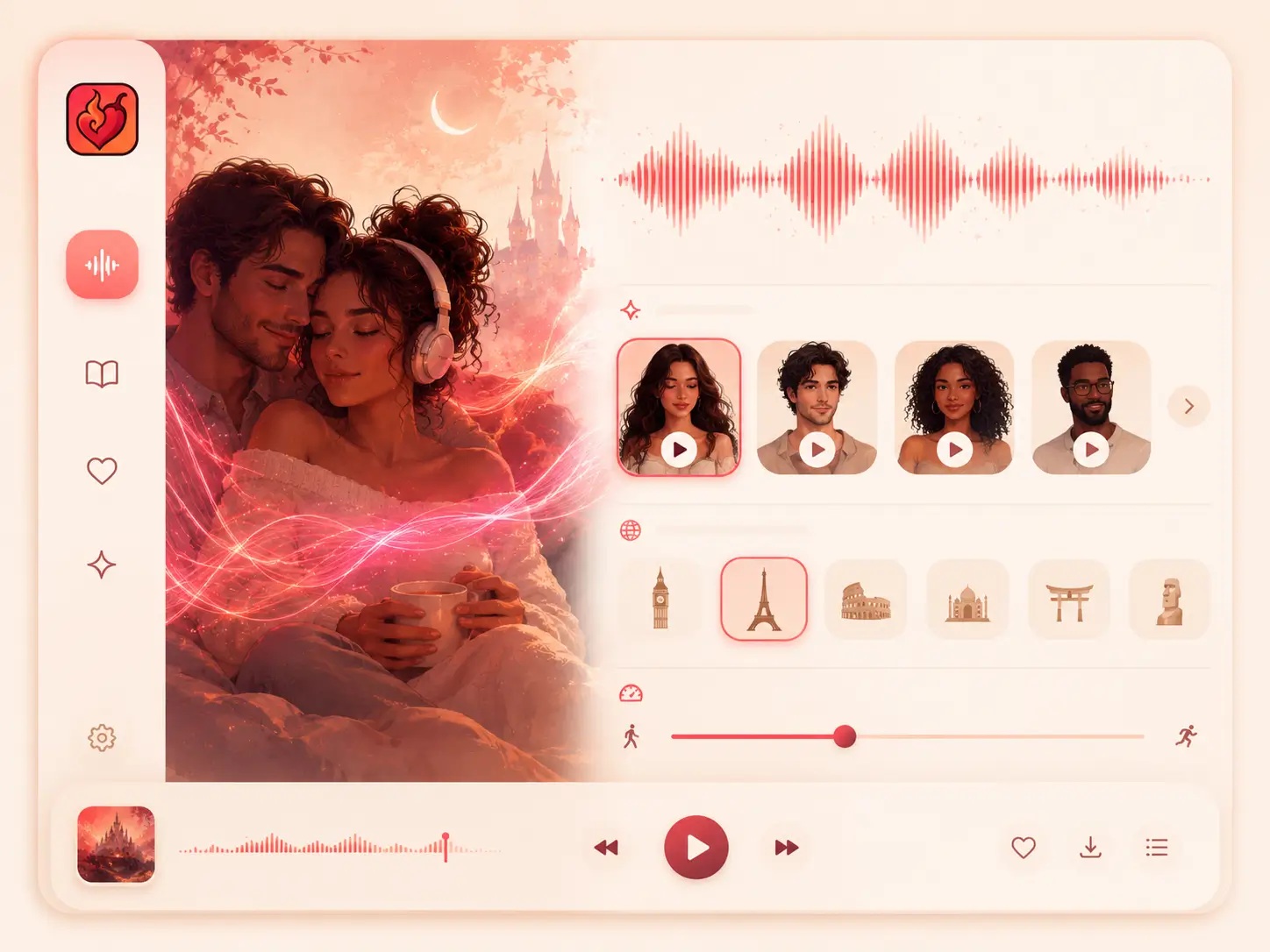 AI audiobook creator interface with voice, accent and narration speed controls in My Spicy Vanilla